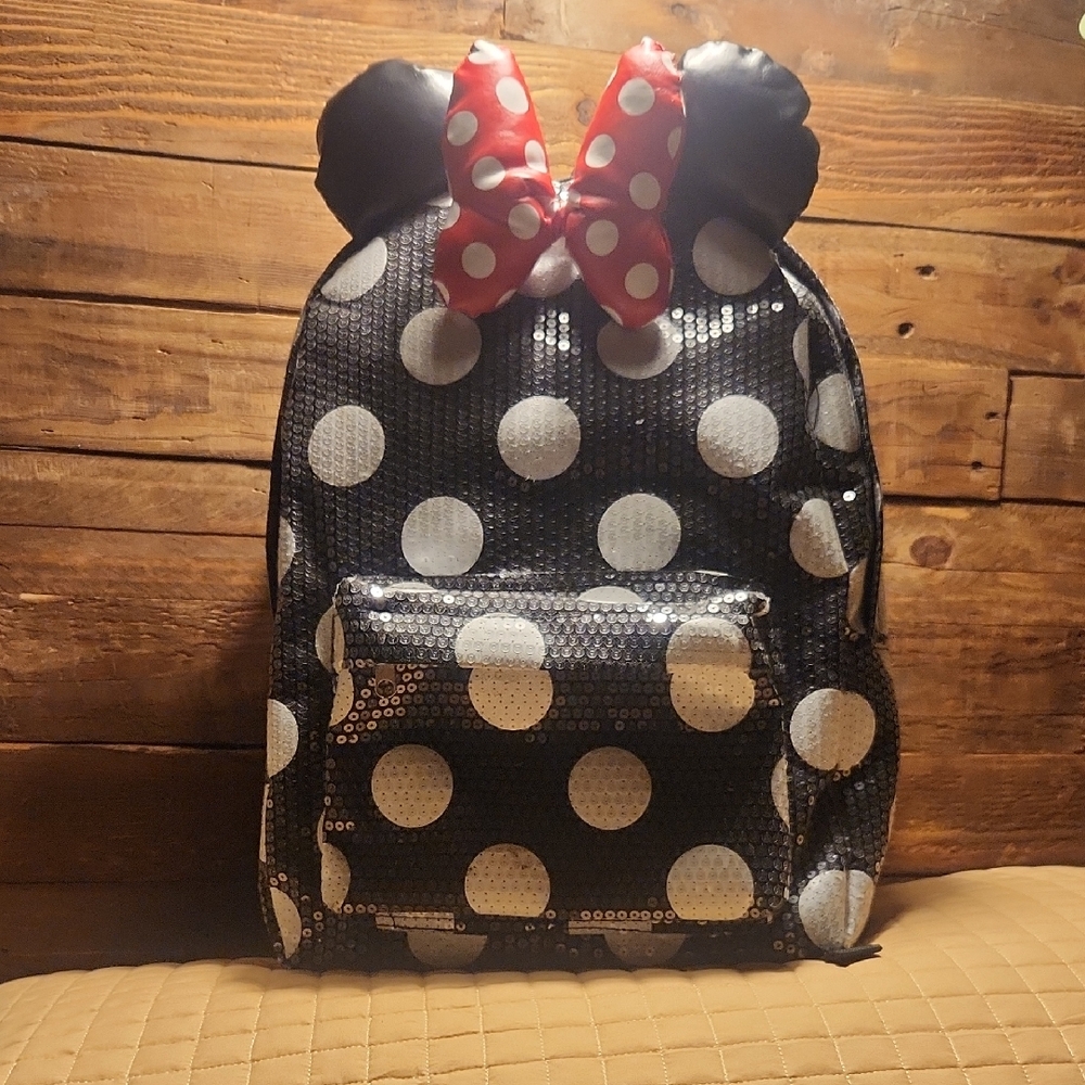 Disney Sequin Polkadot Bow Backpack Minnie Mouse EUC